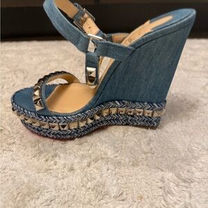 Studded Denim Christian Louboutin Wedge Sandals